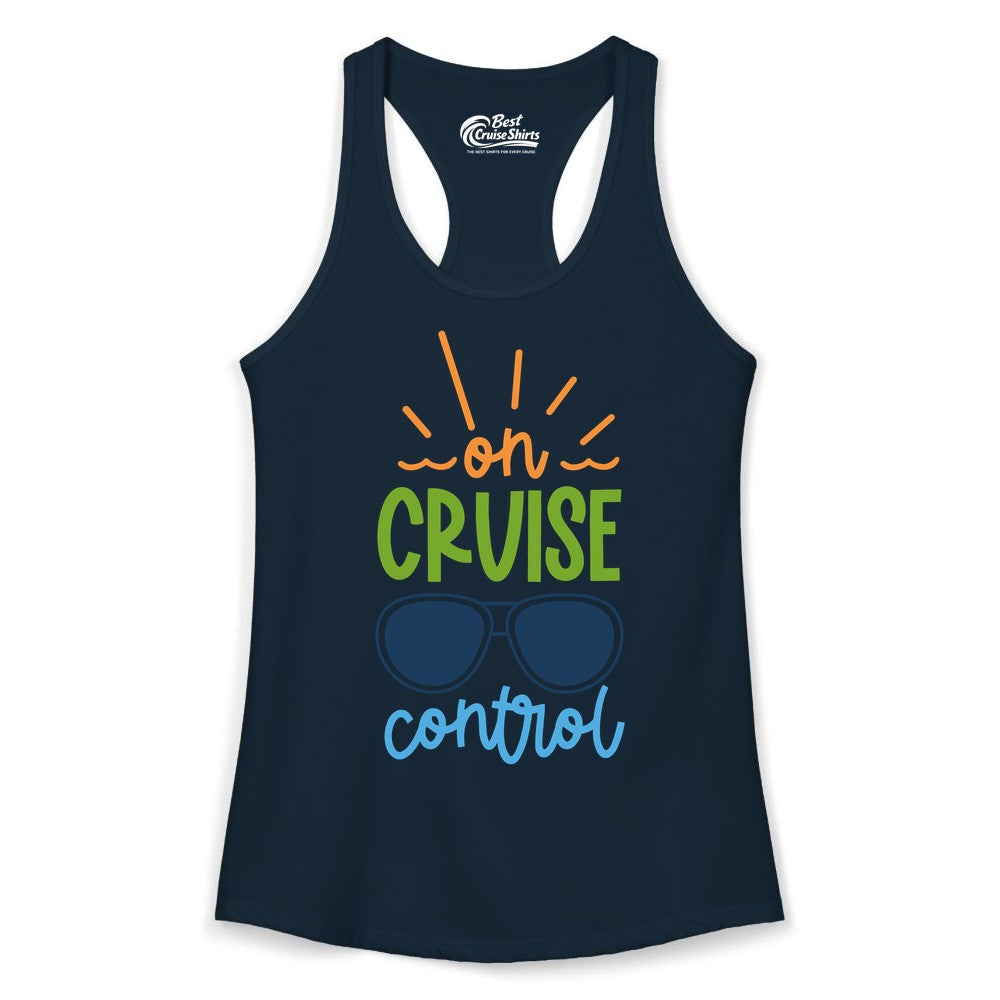 On Cruise Control Shirt - Fun Cruise Ship Apparel for Vacationers (Ladies Tank) in Solid Midnight Navy - On Cruise Control Shirt - Bold Sunglasses Vacation Relaxation Design