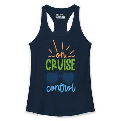 On Cruise Control Shirt - Fun Cruise Ship Apparel for Vacationers (Ladies Tank) in Solid Midnight Navy - On Cruise Control Shirt - Bold Sunglasses Vacation Relaxation Design
