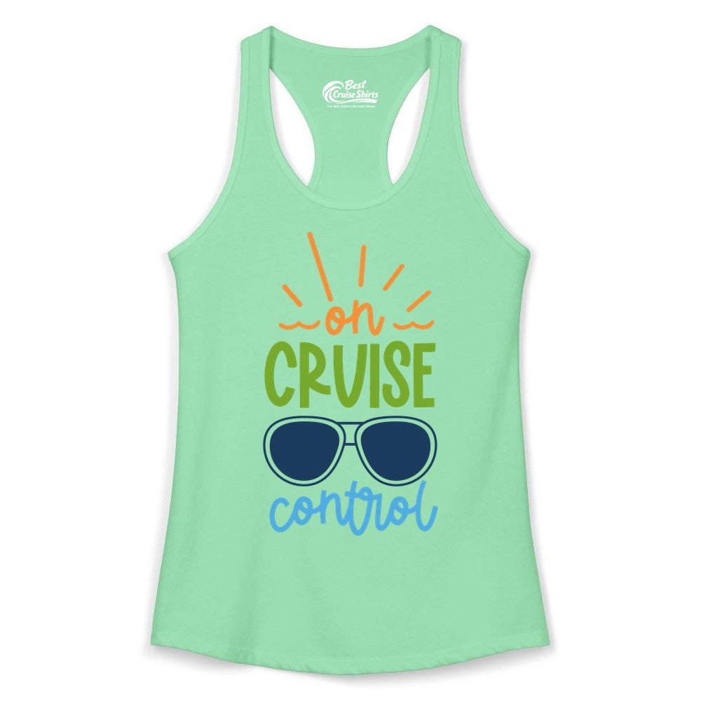 On Cruise Control Shirt - Fun Cruise Ship Apparel for Vacationers (Ladies Tank) in Solid Mint - On Cruise Control Shirt - Bold Sunglasses Vacation Relaxation Design