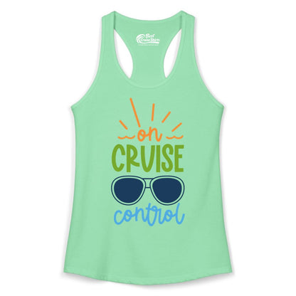 On Cruise Control Shirt - Fun Cruise Ship Apparel for Vacationers (Ladies Tank) in Solid Mint - On Cruise Control Shirt - Bold Sunglasses Vacation Relaxation Design