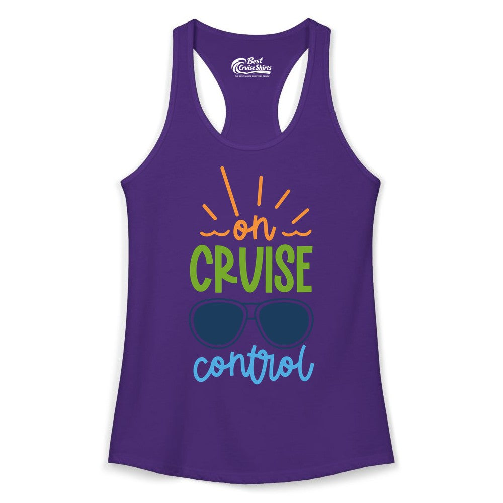 On Cruise Control Shirt - Fun Cruise Ship Apparel for Vacationers (Ladies Tank) in Solid Purple Rush - On Cruise Control Shirt - Bold Sunglasses Vacation Relaxation Design