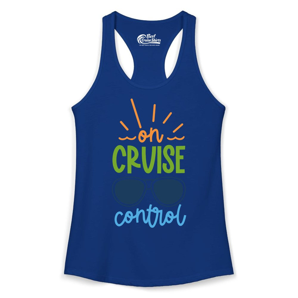 On Cruise Control Shirt - Fun Cruise Ship Apparel for Vacationers (Ladies Tank) in Solid Royal - On Cruise Control Shirt - Bold Sunglasses Vacation Relaxation Design