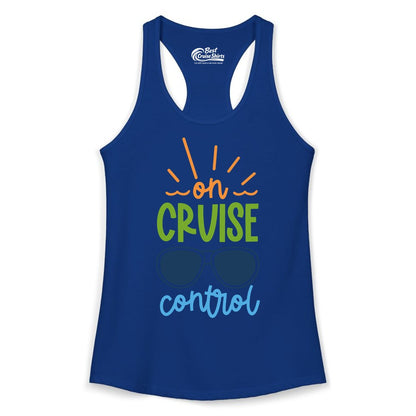 On Cruise Control Shirt - Fun Cruise Ship Apparel for Vacationers (Ladies Tank) in Solid Royal - On Cruise Control Shirt - Bold Sunglasses Vacation Relaxation Design