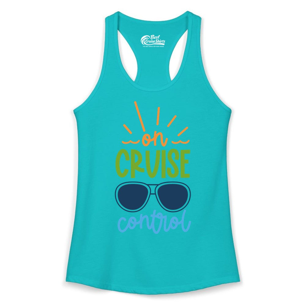 On Cruise Control Shirt - Fun Cruise Ship Apparel for Vacationers (Ladies Tank) in Tahiti Blue - On Cruise Control Shirt - Bold Sunglasses Vacation Relaxation Design