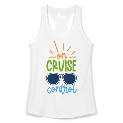 On Cruise Control Shirt - Fun Cruise Ship Apparel for Vacationers (Ladies Tank) in White - On Cruise Control Shirt - Bold Sunglasses Vacation Relaxation Design