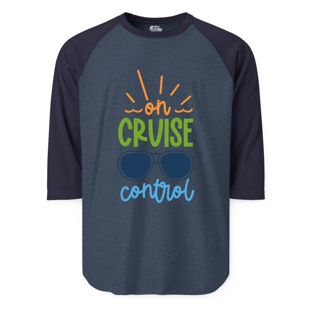 On Cruise Control Shirt - Fun Cruise Ship Apparel for Vacationers (Raglan) in Heather DenimNavy - On Cruise Control Shirt - Bold Sunglasses Vacation Relaxation Design