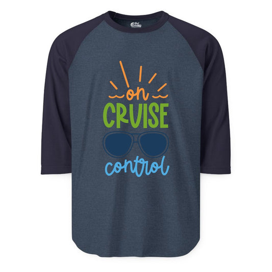 On Cruise Control Shirt - Fun Cruise Ship Apparel for Vacationers (Raglan) in Heather DenimNavy - On Cruise Control Shirt - Bold Sunglasses Vacation Relaxation Design