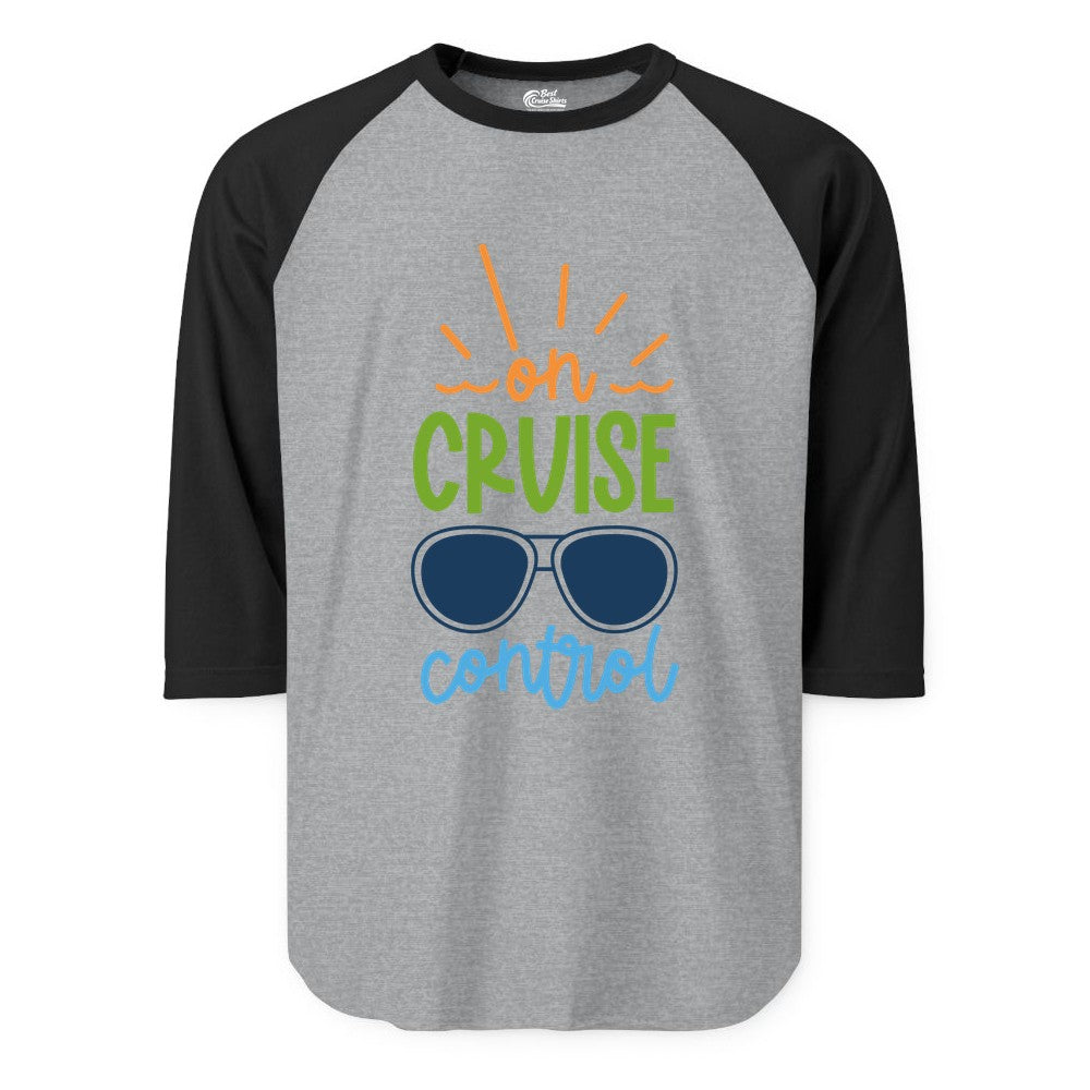 On Cruise Control Shirt - Fun Cruise Ship Apparel for Vacationers (Raglan) in Heather GreyBlack - On Cruise Control Shirt - Bold Sunglasses Vacation Relaxation Design