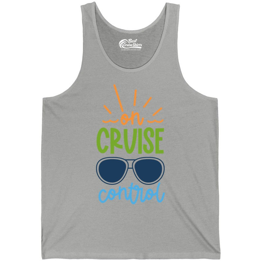 On Cruise Control Shirt - Fun Cruise Ship Apparel for Vacationers (Tank Top) in Athletic Heather - On Cruise Control Shirt - Bold Sunglasses Vacation Relaxation Design