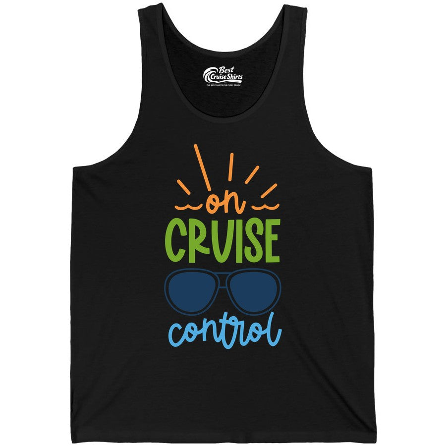 On Cruise Control Shirt - Fun Cruise Ship Apparel for Vacationers (Tank Top) in Black - On Cruise Control Shirt - Bold Sunglasses Vacation Relaxation Design