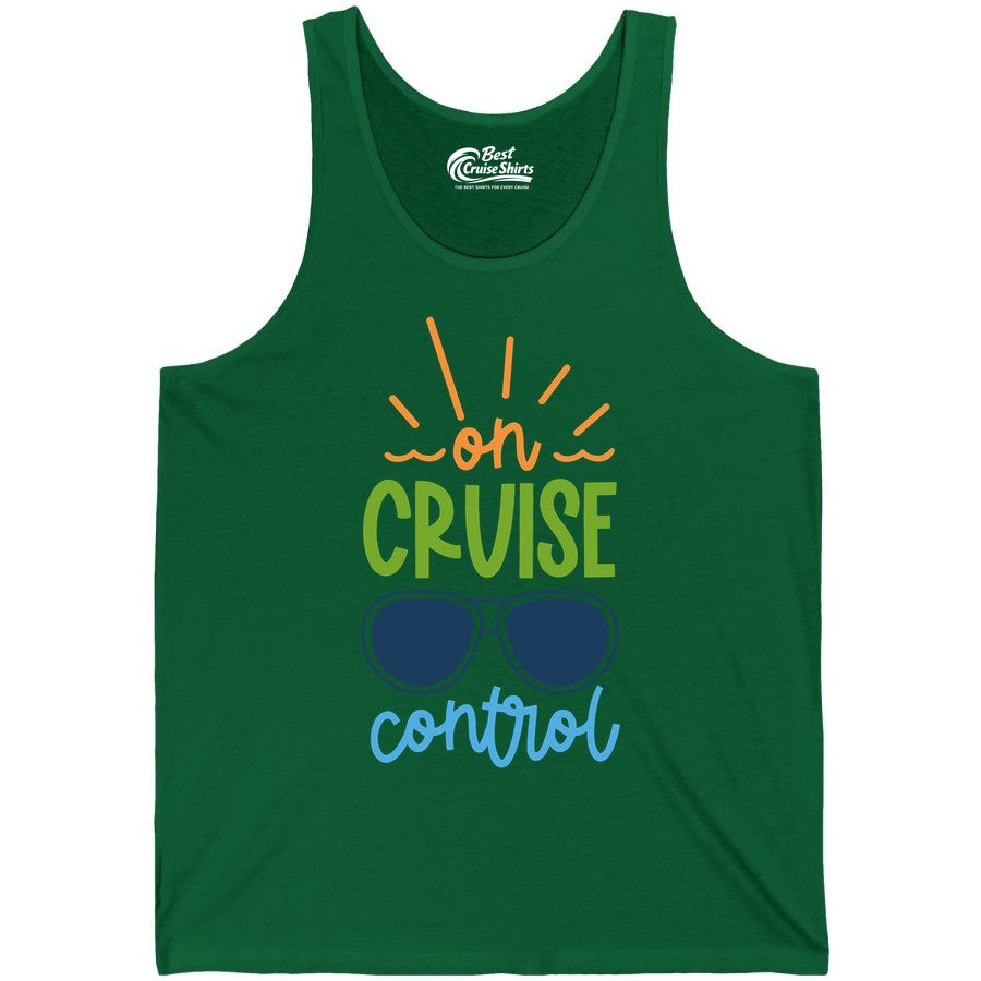 On Cruise Control Shirt - Fun Cruise Ship Apparel for Vacationers (Tank Top) in Kelly - On Cruise Control Shirt - Bold Sunglasses Vacation Relaxation Design