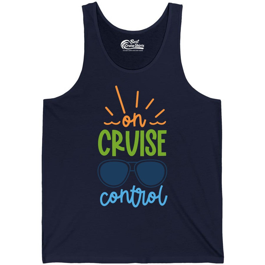 On Cruise Control Shirt - Fun Cruise Ship Apparel for Vacationers (Tank Top) in Navy - On Cruise Control Shirt - Bold Sunglasses Vacation Relaxation Design