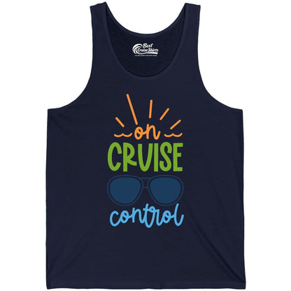 On Cruise Control Shirt - Fun Cruise Ship Apparel for Vacationers (Tank Top) in Navy - On Cruise Control Shirt - Bold Sunglasses Vacation Relaxation Design