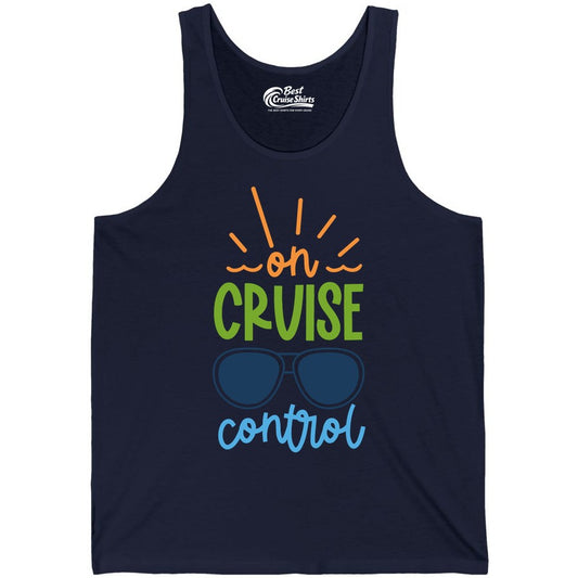 On Cruise Control Shirt - Fun Cruise Ship Apparel for Vacationers (Tank Top) in Navy - On Cruise Control Shirt - Bold Sunglasses Vacation Relaxation Design