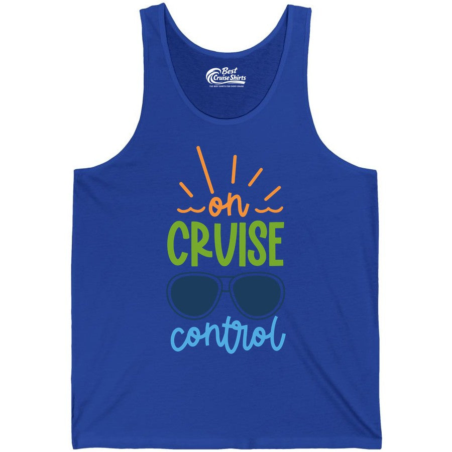 On Cruise Control Shirt - Fun Cruise Ship Apparel for Vacationers (Tank Top) in True Royal - On Cruise Control Shirt - Bold Sunglasses Vacation Relaxation Design