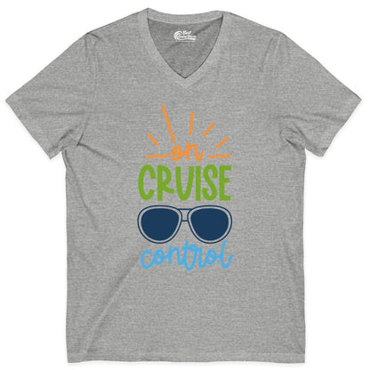 On Cruise Control Shirt - Fun Cruise Ship Apparel for Vacationers (V-Neck) in Athletic Heather - On Cruise Control Shirt - Bold Sunglasses Vacation Relaxation Design
