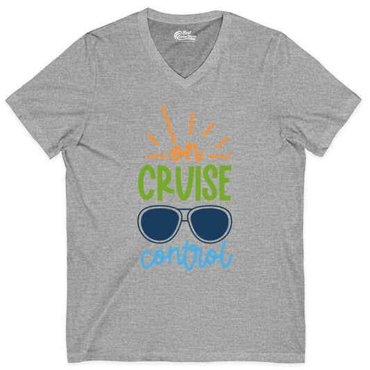 On Cruise Control Shirt - Fun Cruise Ship Apparel for Vacationers (V-Neck) in Athletic Heather - On Cruise Control Shirt - Bold Sunglasses Vacation Relaxation Design