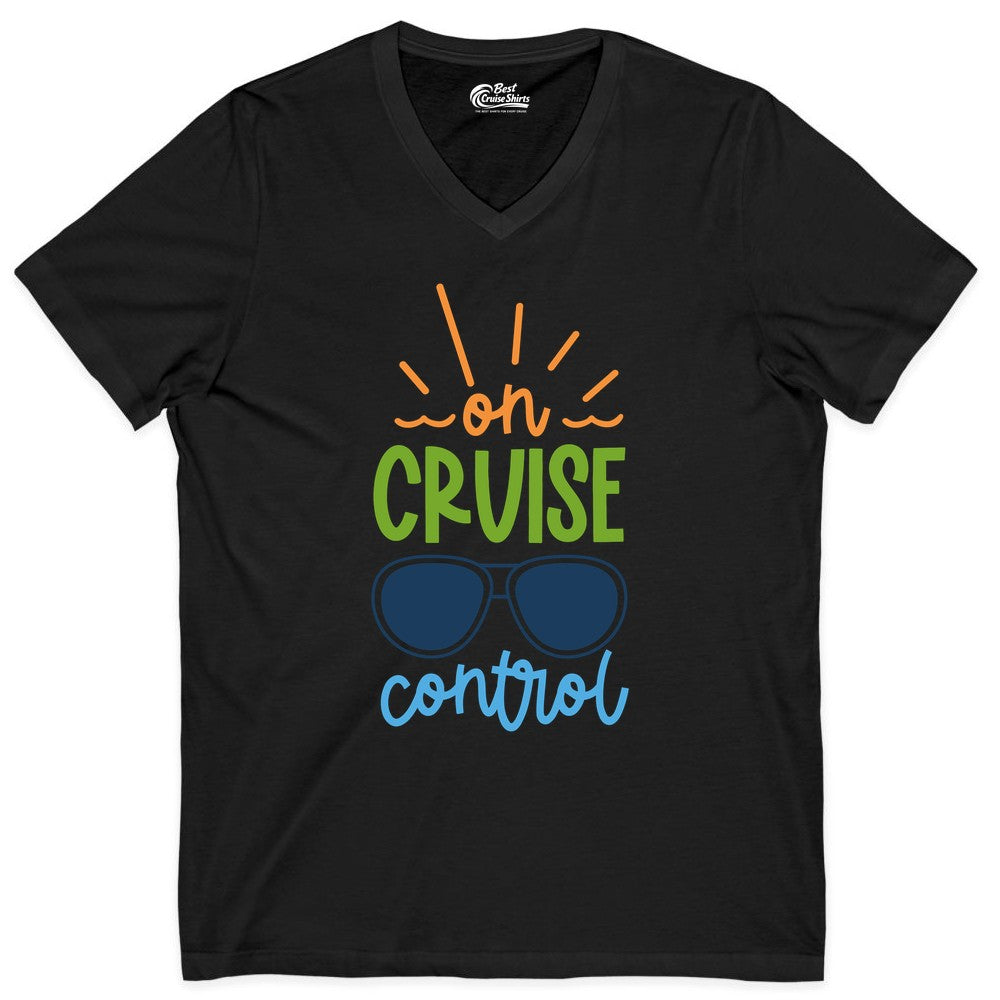 On Cruise Control Shirt - Fun Cruise Ship Apparel for Vacationers (V-Neck) in Black - On Cruise Control Shirt - Bold Sunglasses Vacation Relaxation Design