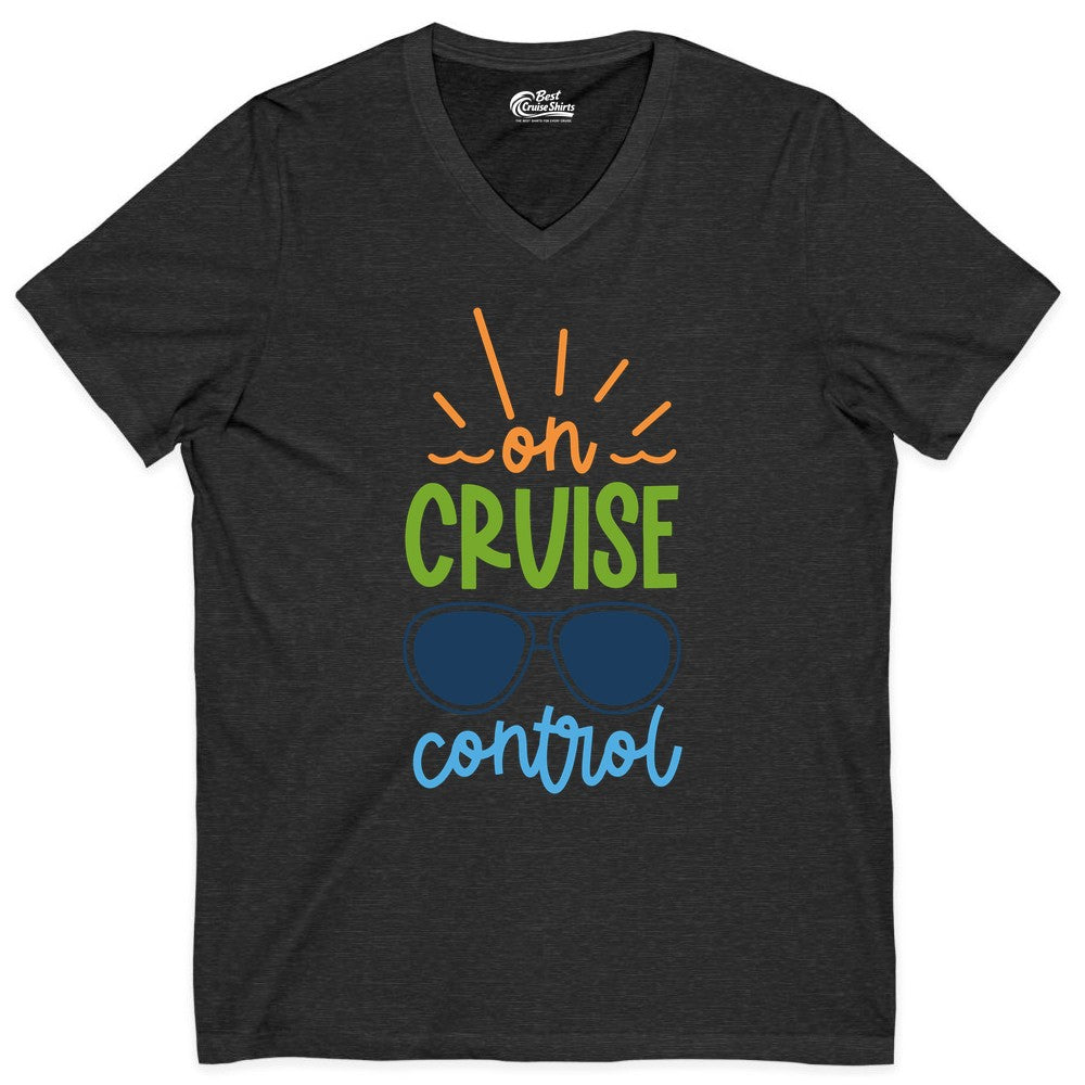 On Cruise Control Shirt - Fun Cruise Ship Apparel for Vacationers (V-Neck) in Dark Grey Heather - On Cruise Control Shirt - Bold Sunglasses Vacation Relaxation Design