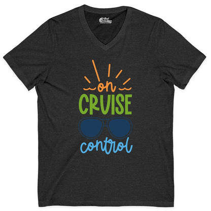 On Cruise Control Shirt - Fun Cruise Ship Apparel for Vacationers (V-Neck) in Dark Grey Heather - On Cruise Control Shirt - Bold Sunglasses Vacation Relaxation Design