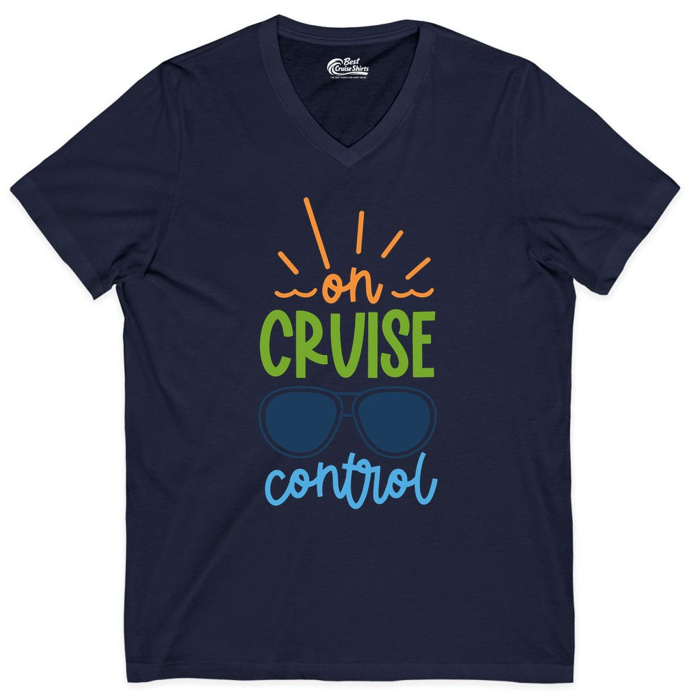 On Cruise Control Shirt - Fun Cruise Ship Apparel for Vacationers (V-Neck) in Navy - On Cruise Control Shirt - Bold Sunglasses Vacation Relaxation Design