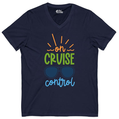 On Cruise Control Shirt - Fun Cruise Ship Apparel for Vacationers (V-Neck) in Navy - On Cruise Control Shirt - Bold Sunglasses Vacation Relaxation Design