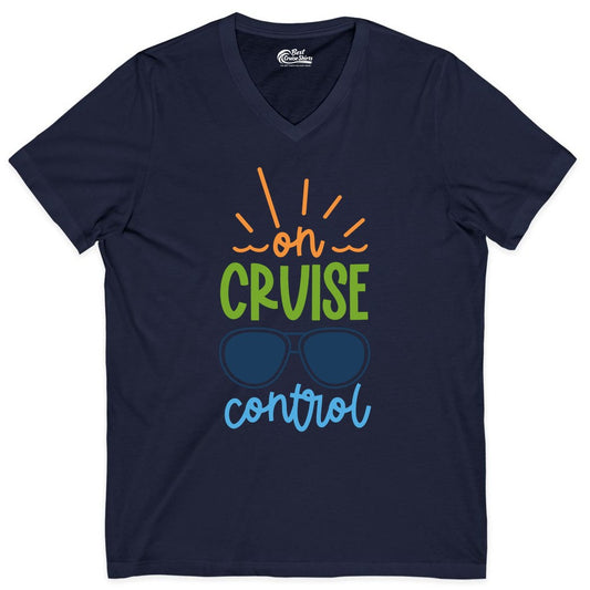 On Cruise Control Shirt - Fun Cruise Ship Apparel for Vacationers (V-Neck) in Navy - On Cruise Control Shirt - Bold Sunglasses Vacation Relaxation Design