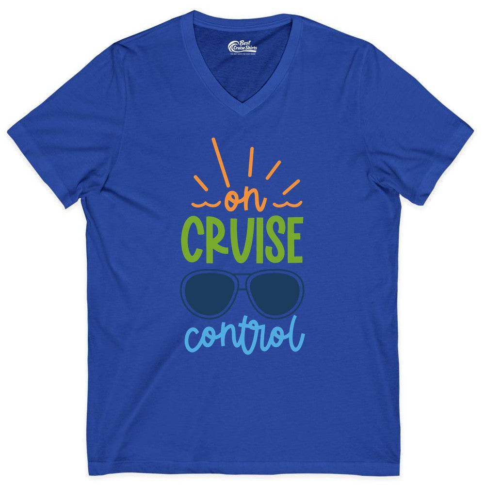 On Cruise Control Shirt - Fun Cruise Ship Apparel for Vacationers (V-Neck) in True Royal - On Cruise Control Shirt - Bold Sunglasses Vacation Relaxation Design