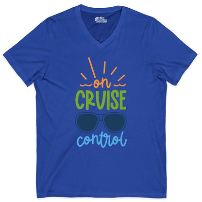 On Cruise Control Shirt - Fun Cruise Ship Apparel for Vacationers (V-Neck) in True Royal - On Cruise Control Shirt - Bold Sunglasses Vacation Relaxation Design