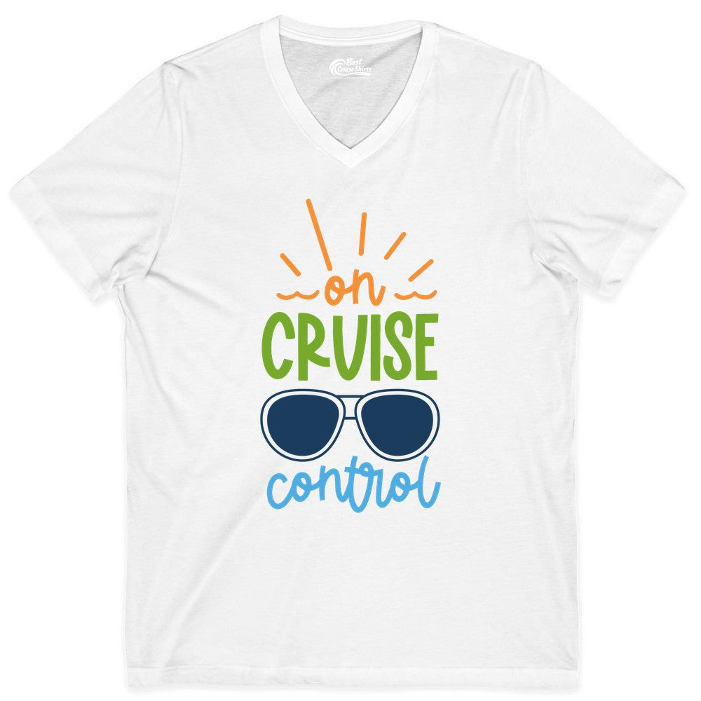 On Cruise Control Shirt - Fun Cruise Ship Apparel for Vacationers (V-Neck) in White - On Cruise Control Shirt - Bold Sunglasses Vacation Relaxation Design