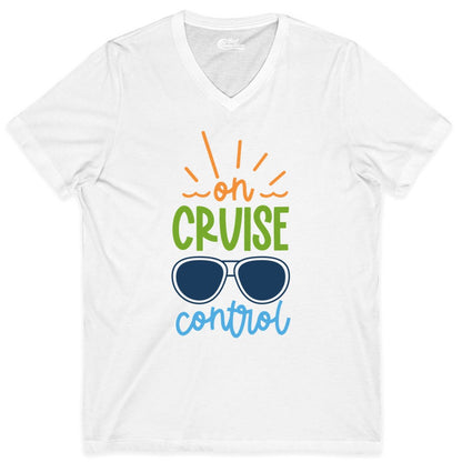 On Cruise Control Shirt - Fun Cruise Ship Apparel for Vacationers (V-Neck) in White - On Cruise Control Shirt - Bold Sunglasses Vacation Relaxation Design