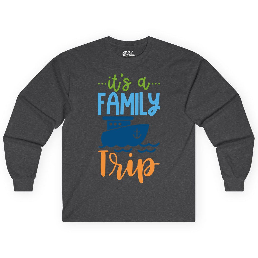 Family Cruise Shirts - Fun Matching Outfits for Family Trip Cruise (Long Sleeve) in Dark Heather - Family Cruise Trip Matching Shirts - Fun Ship Illustration Design