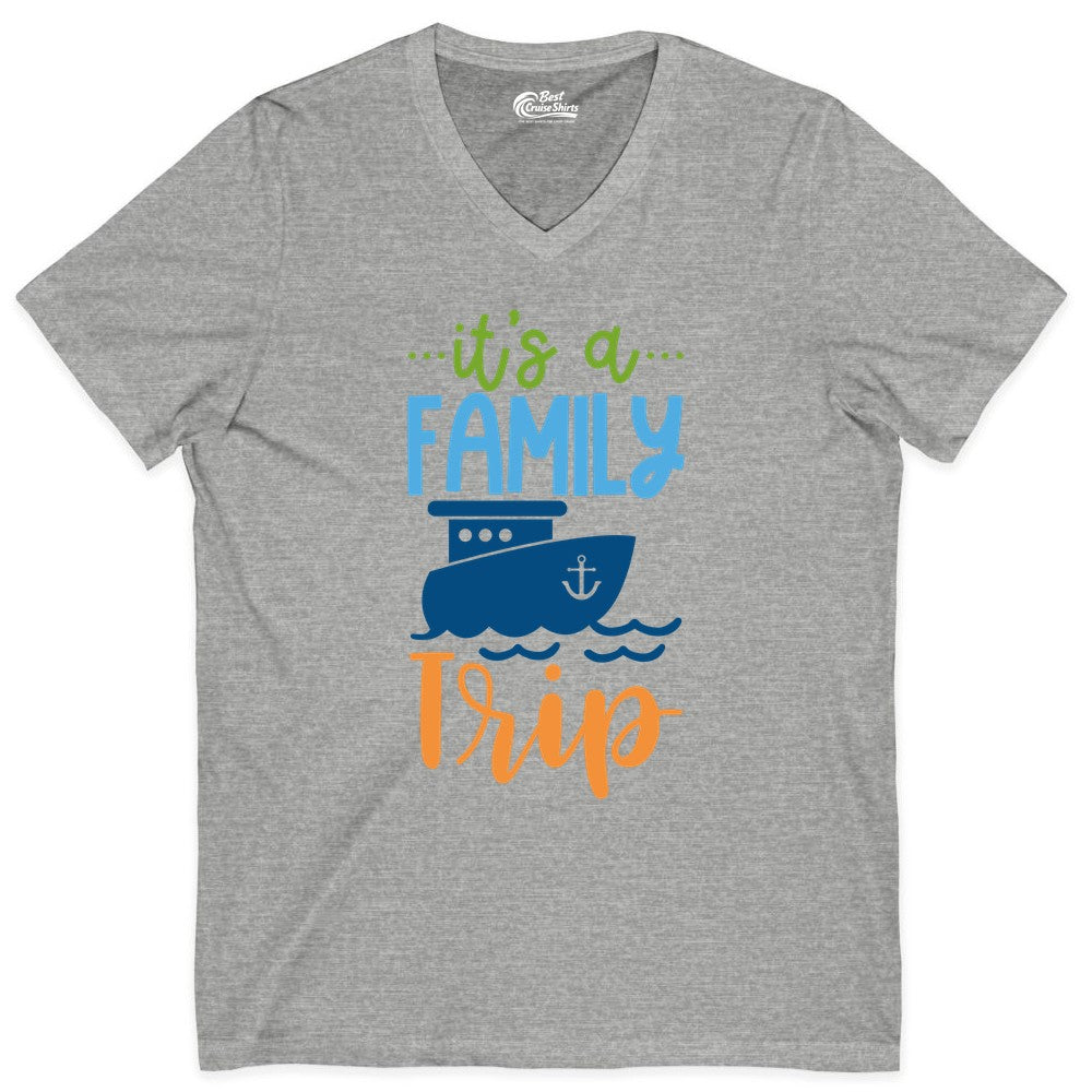 Family Cruise Shirts - Fun Matching Outfits for Family Trip Cruise (V-Neck) in Athletic Heather - Family Cruise Trip Matching Shirts - Fun Ship Illustration Design