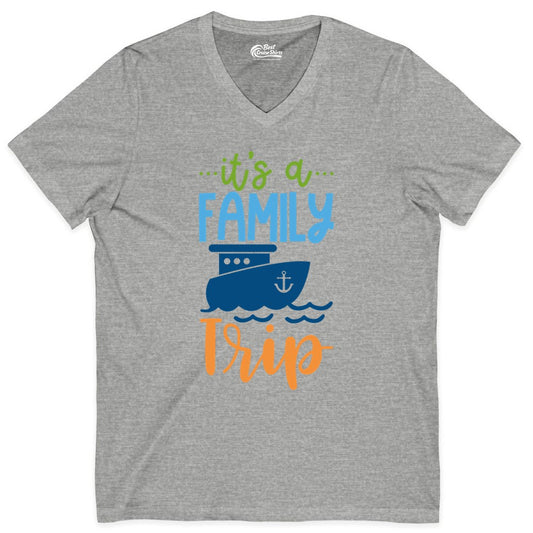 Family Cruise Shirts - Fun Matching Outfits for Family Trip Cruise (V-Neck) in Athletic Heather - Family Cruise Trip Matching Shirts - Fun Ship Illustration Design
