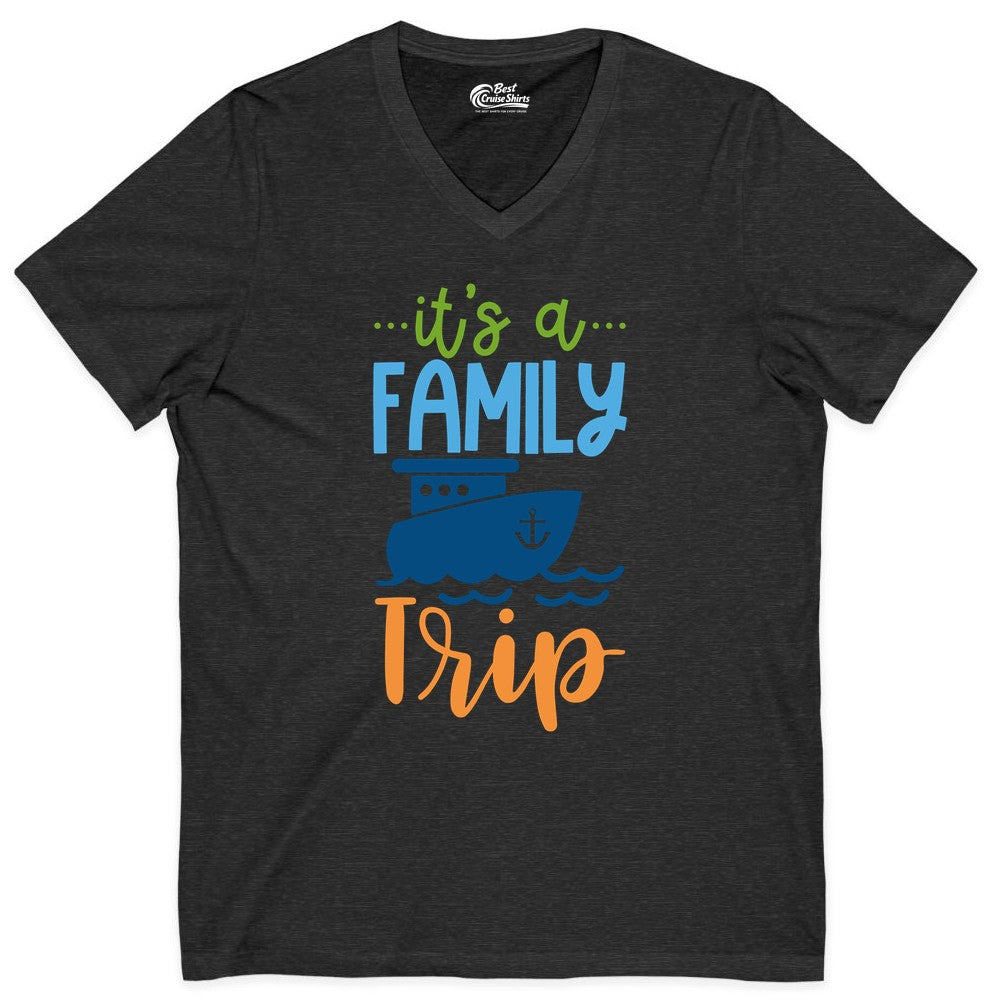 Family Cruise Shirts - Fun Matching Outfits for Family Trip Cruise (V-Neck) in Dark Grey Heather - Family Cruise Trip Matching Shirts - Fun Ship Illustration Design