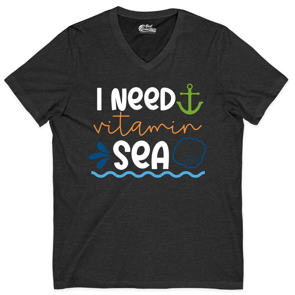 I Need Vitamin Sea Shirt - Nautical Beach Lover Summer Apparel (V-Neck) in Dark Grey Heather - I Need Vitamin Sea Shirt - Nautical Beach Lover Summer Graphic Tee