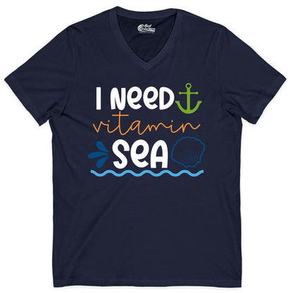 I Need Vitamin Sea Shirt - Nautical Beach Lover Summer Apparel (V-Neck) in Navy - I Need Vitamin Sea Shirt - Nautical Beach Lover Summer Graphic Tee