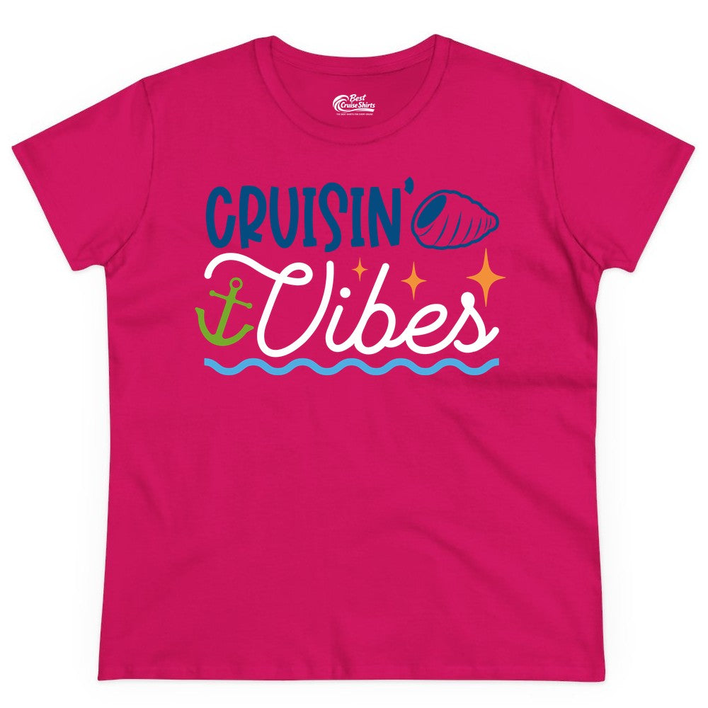Cruisin Vibes Shirt - Nautical Cruise Apparel for Vacation Getaways (Ladies Tee) in Heliconia - Cruisin Vibes Shirt - Playful Nautical Cruise Vacation Design