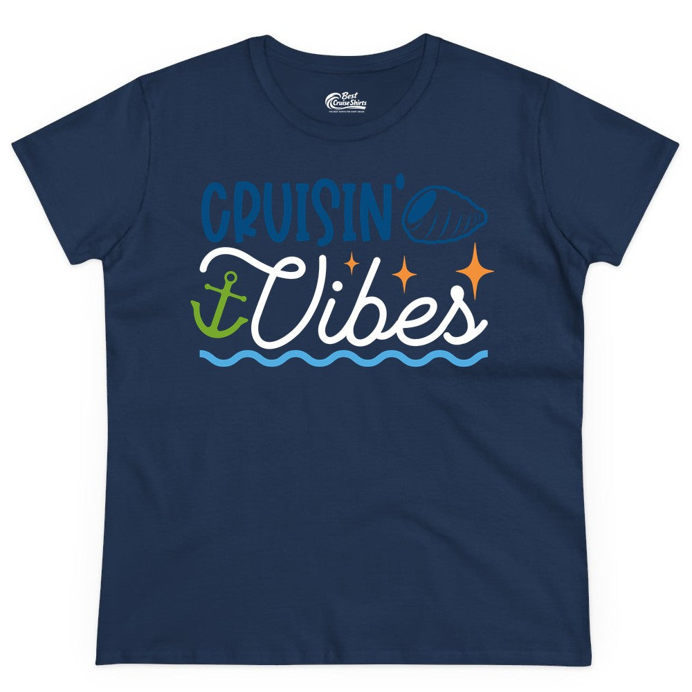 Cruisin Vibes Shirt - Nautical Cruise Apparel for Vacation Getaways (Ladies Tee) in Navy - Cruisin Vibes Shirt - Playful Nautical Cruise Vacation Design