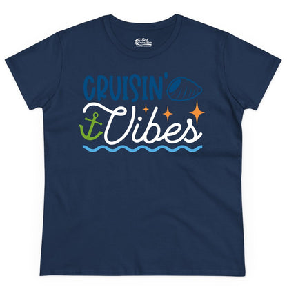 Cruisin Vibes Shirt - Nautical Cruise Apparel for Vacation Getaways (Ladies Tee) in Navy - Cruisin Vibes Shirt - Playful Nautical Cruise Vacation Design