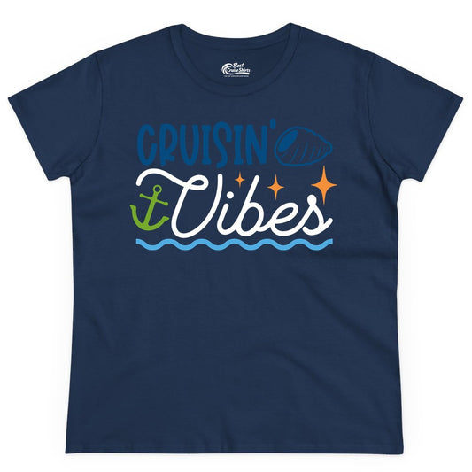 Cruisin Vibes Shirt - Nautical Cruise Apparel for Vacation Getaways (Ladies Tee) in Navy - Cruisin Vibes Shirt - Playful Nautical Cruise Vacation Design