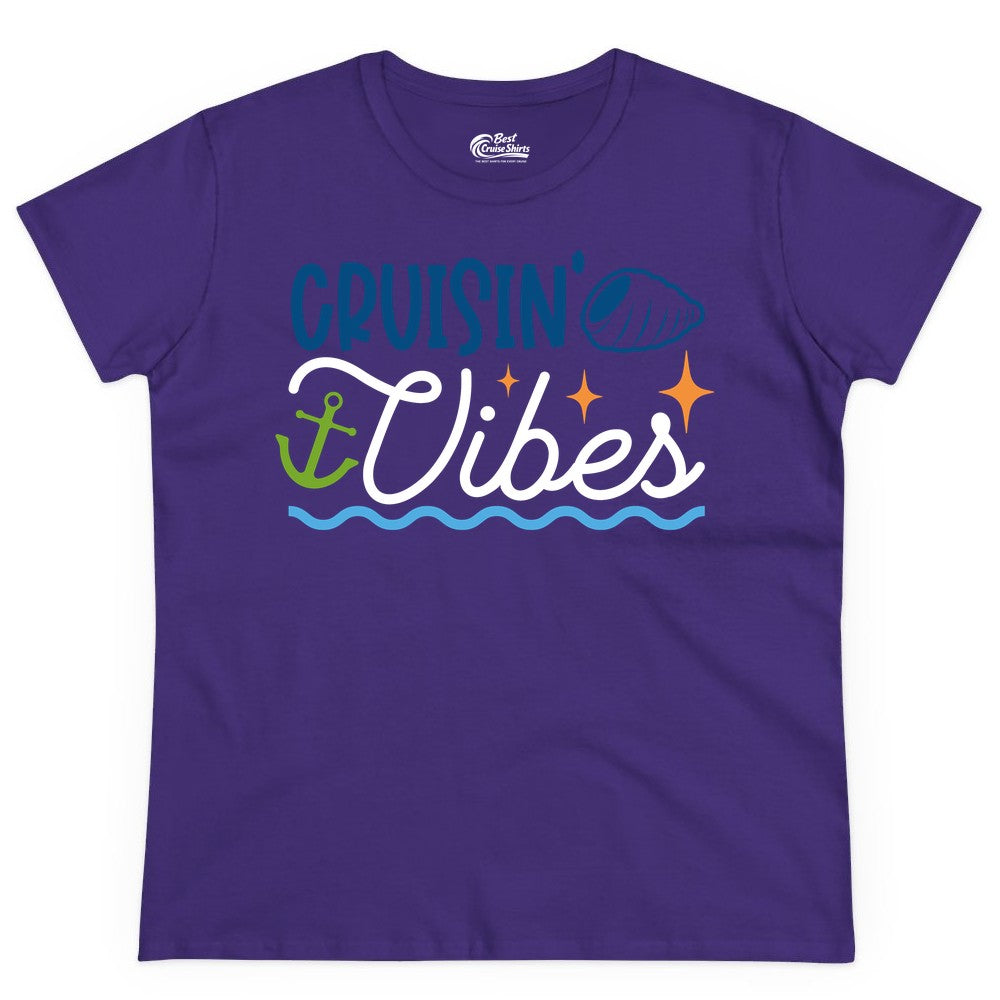 Cruisin Vibes Shirt - Nautical Cruise Apparel for Vacation Getaways (Ladies Tee) in Purple - Cruisin Vibes Shirt - Playful Nautical Cruise Vacation Design