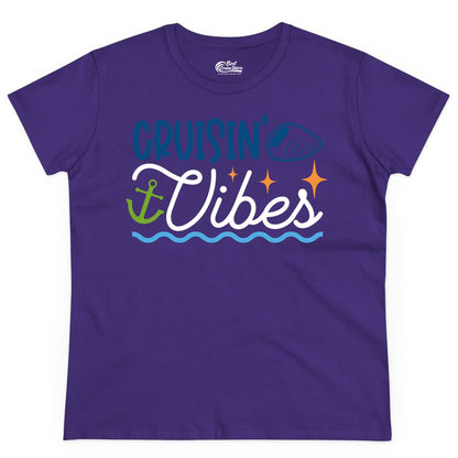 Cruisin Vibes Shirt - Nautical Cruise Apparel for Vacation Getaways (Ladies Tee) in Purple - Cruisin Vibes Shirt - Playful Nautical Cruise Vacation Design