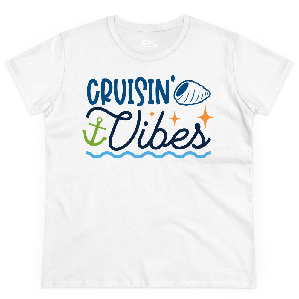 Cruisin Vibes Shirt - Nautical Cruise Apparel for Vacation Getaways (Ladies Tee) in White - Cruisin Vibes Shirt - Playful Nautical Cruise Vacation Design