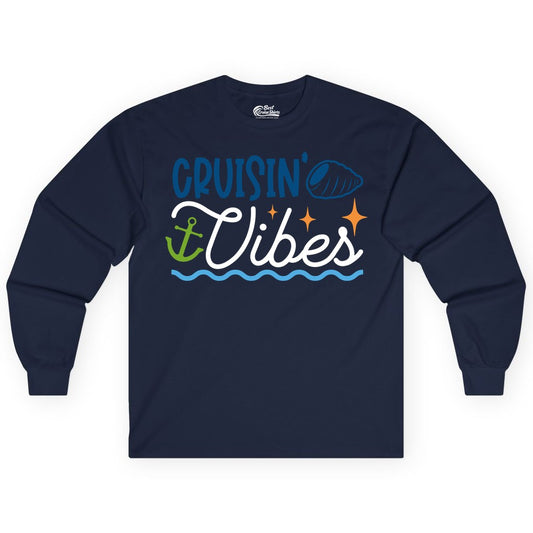 Cruisin Vibes Shirt - Nautical Cruise Apparel for Vacation Getaways (Long Sleeve) in Navy - Cruisin Vibes Shirt - Playful Nautical Cruise Vacation Design