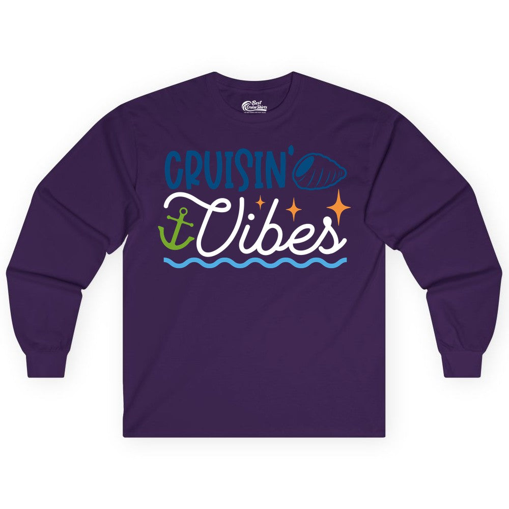 Cruisin Vibes Shirt - Nautical Cruise Apparel for Vacation Getaways (Long Sleeve) in Purple - Cruisin Vibes Shirt - Playful Nautical Cruise Vacation Design