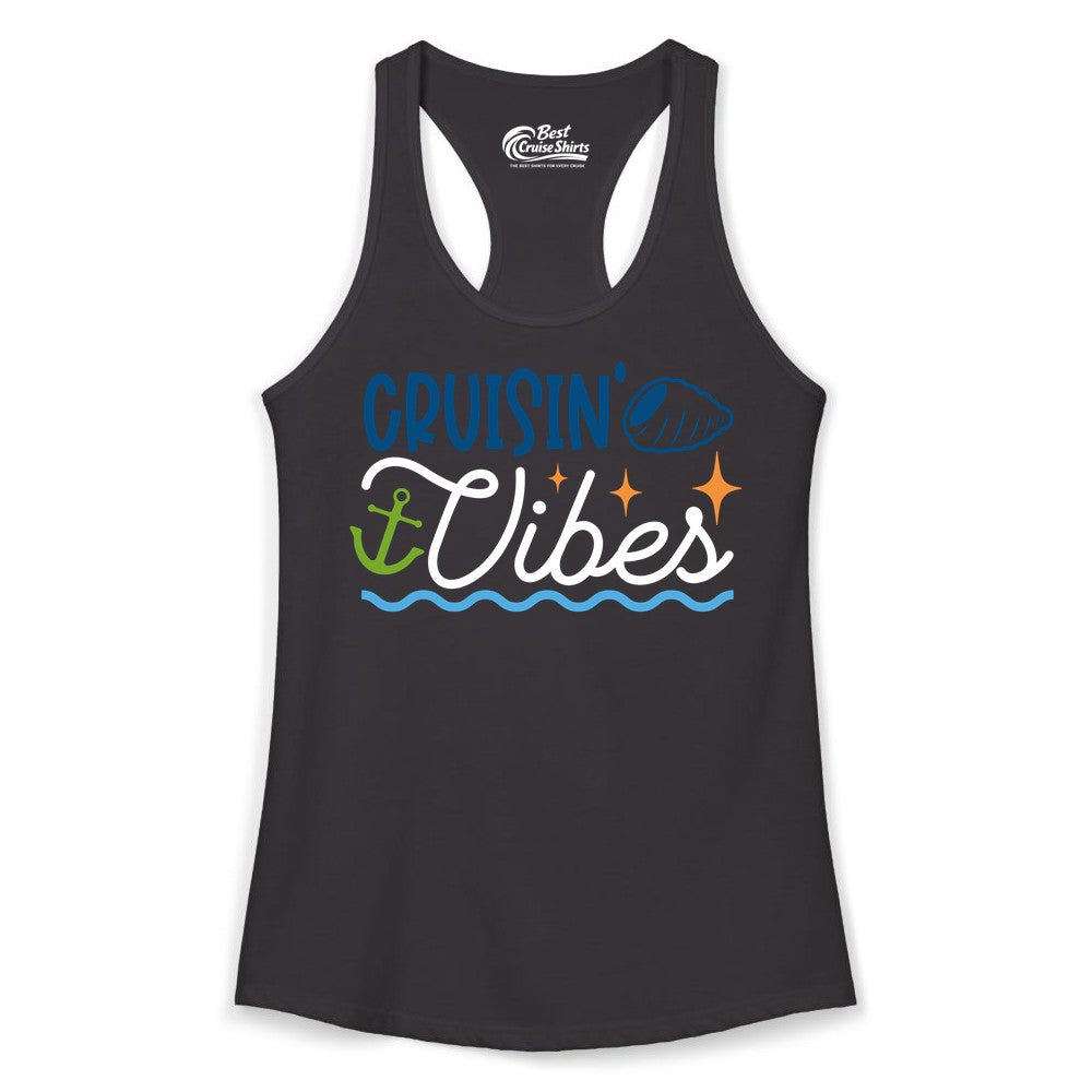 Cruisin Vibes Shirt - Nautical Cruise Apparel for Vacation Getaways (Ladies Tank) in Black - Cruisin Vibes Shirt - Playful Nautical Cruise Vacation Design