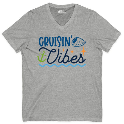 Cruisin Vibes Shirt - Nautical Cruise Apparel for Vacation Getaways (V-Neck) in Athletic Heather - Cruisin Vibes Shirt - Playful Nautical Cruise Vacation Design