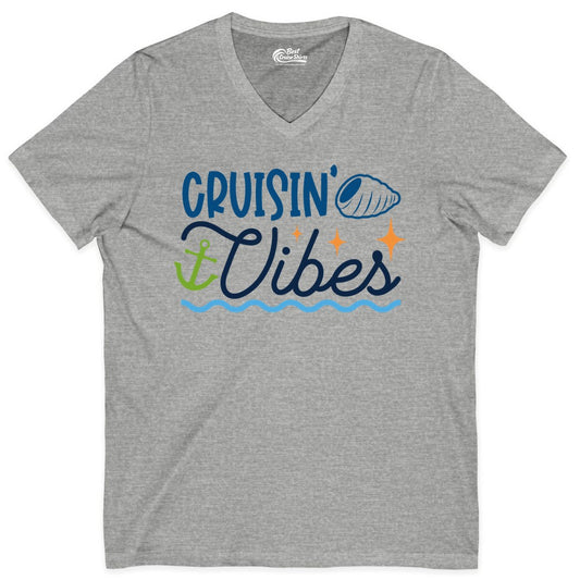 Cruisin Vibes Shirt - Nautical Cruise Apparel for Vacation Getaways (V-Neck) in Athletic Heather - Cruisin Vibes Shirt - Playful Nautical Cruise Vacation Design
