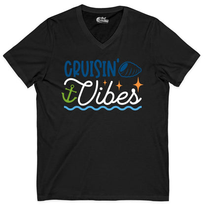 Cruisin Vibes Shirt - Nautical Cruise Apparel for Vacation Getaways (V-Neck) in Black - Cruisin Vibes Shirt - Playful Nautical Cruise Vacation Design